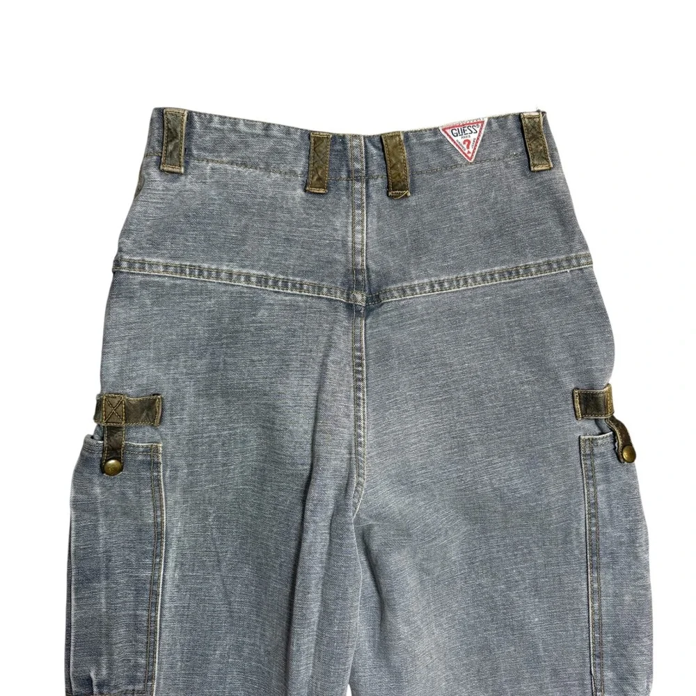 GUESS PARIS‎ VINTAGE RARE Men's high waisted cargo jeans leather trim Washed 29